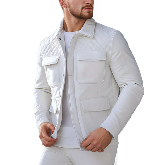 Blaze Forge Contemporary White Mens Lambskin Leather Bomber Jacket