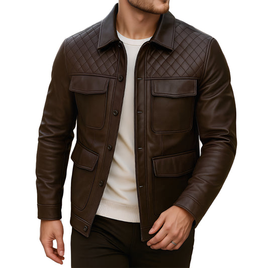 Iron Edge Luxe Mode Chocolate Brown Mens Lambskin Leather Jacket