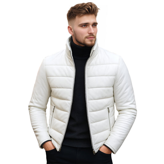 Asphalt Wolf White Mens Lambskin Leather Zipper Jacket