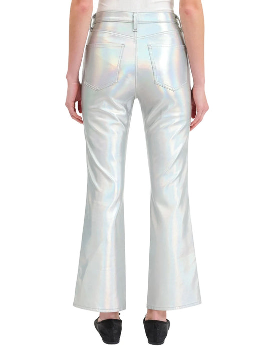 Celestial Glow High-Waist Metallic Flare Leather Denim