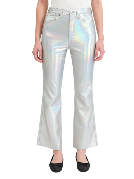 Celestial Glow High-Waist Metallic Flare Leather Denim