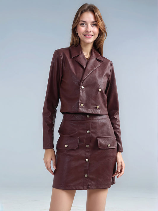 Coffee Luxe Classic Solid Leather Blazer for Effortless Charm