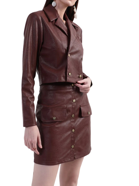 Coffee Luxe Classic Solid Leather Blazer for Effortless Charm