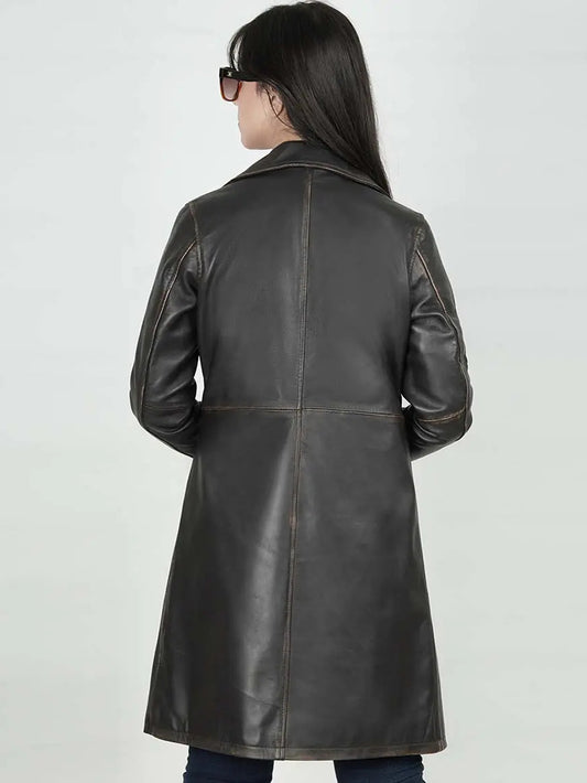 Dark Earth Rub Off Leather Long Coat