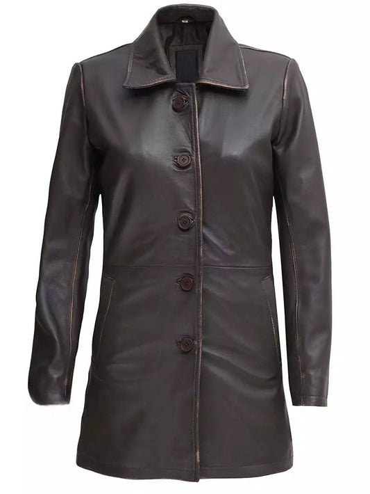 Distressed Classic Brown Leather Car Coat