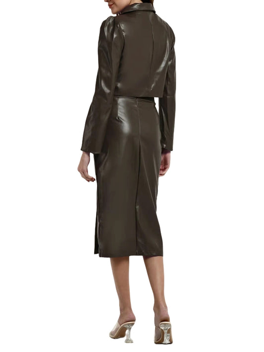 Olive Grace Leather Short Blazer and Coordinated Skirt Set