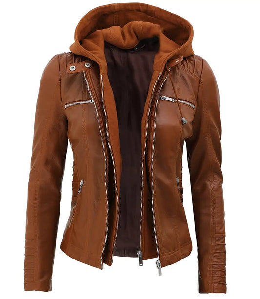 Urban Hides Cognac Eclipse Slim Fit Hooded Leather Jacket
