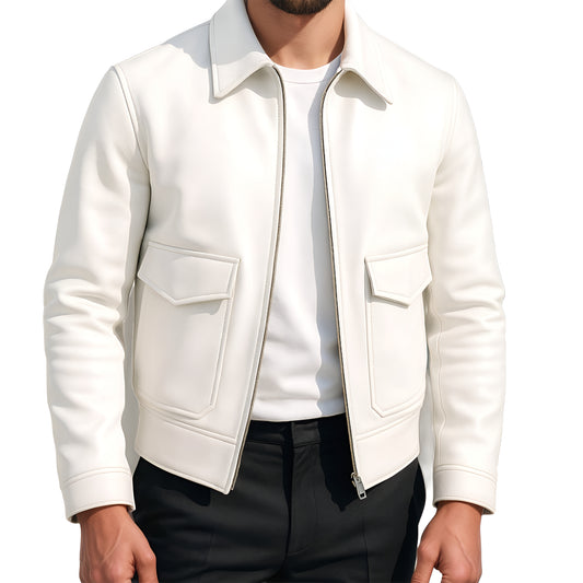 Chrome Edge White Lambskin Cropped Bomber Jacket for Men