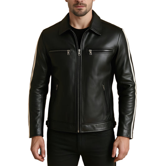 Black Trail Bold Line Lambskin Black Fashion Leather Jacket for Men